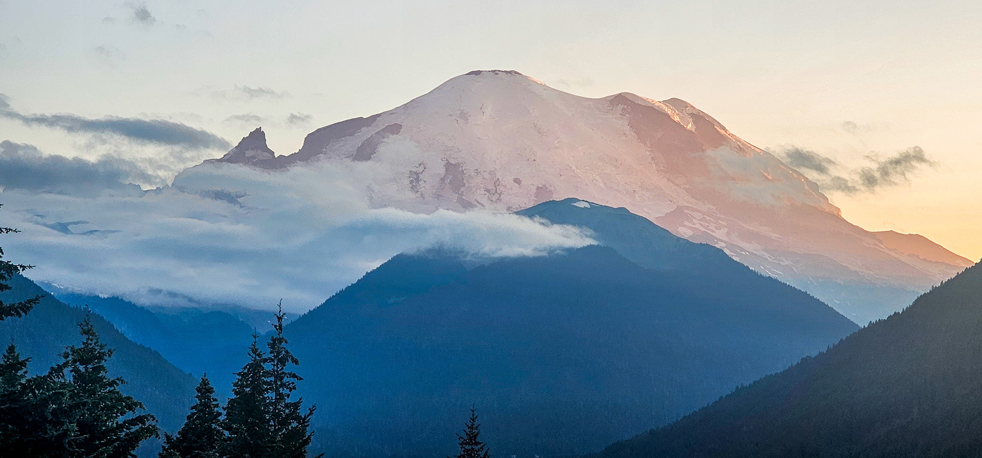Mt. Rainier at sunset with a pink glowing summit above the clouds — photograph by Martha Solo