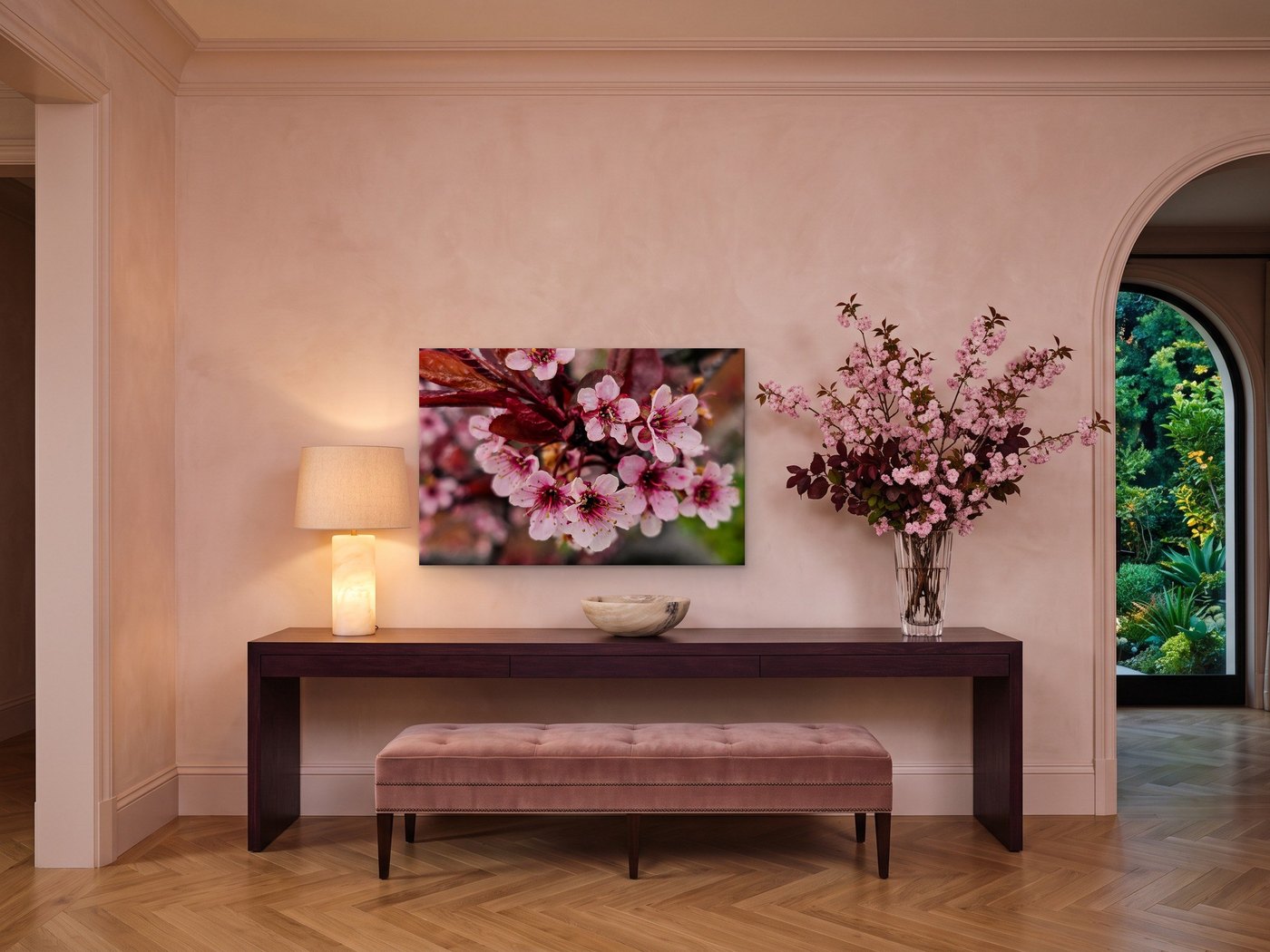 Pink cherry blossom canvas above an entryway console — nature photograph by Martha Solo