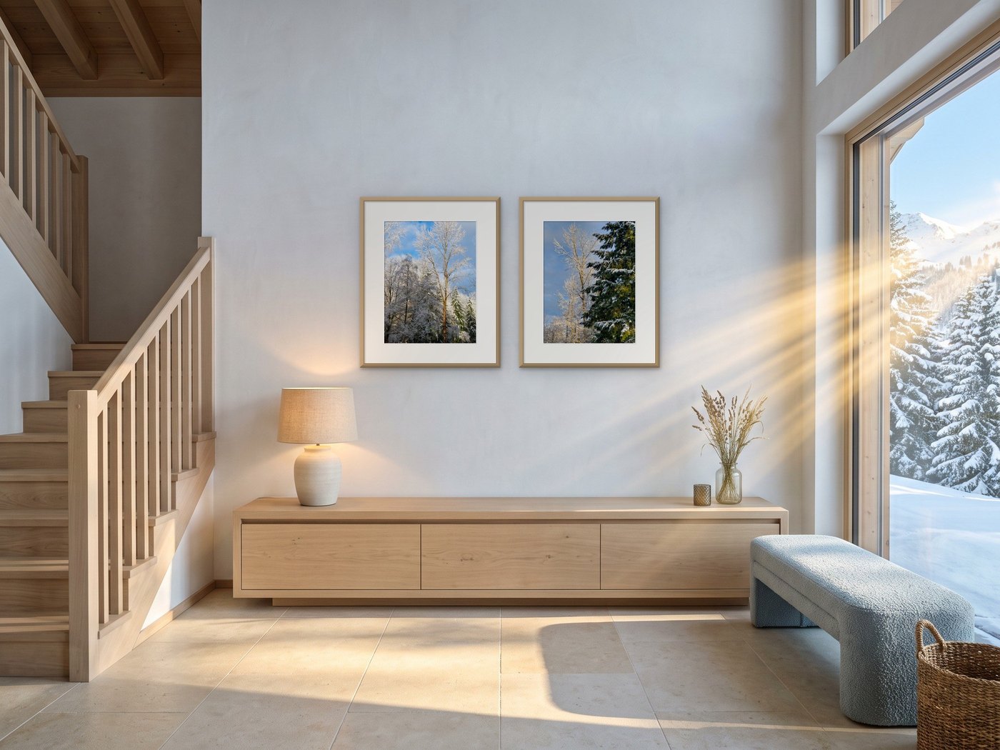 Snowy forest sunrise pair in matching oak frames above a hallway bench β nature photograph by Martha Solo