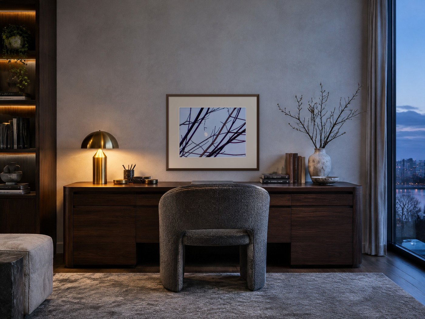 Winter tree branches and white moon canvas above a home office desk β nature photograph by Martha Solo