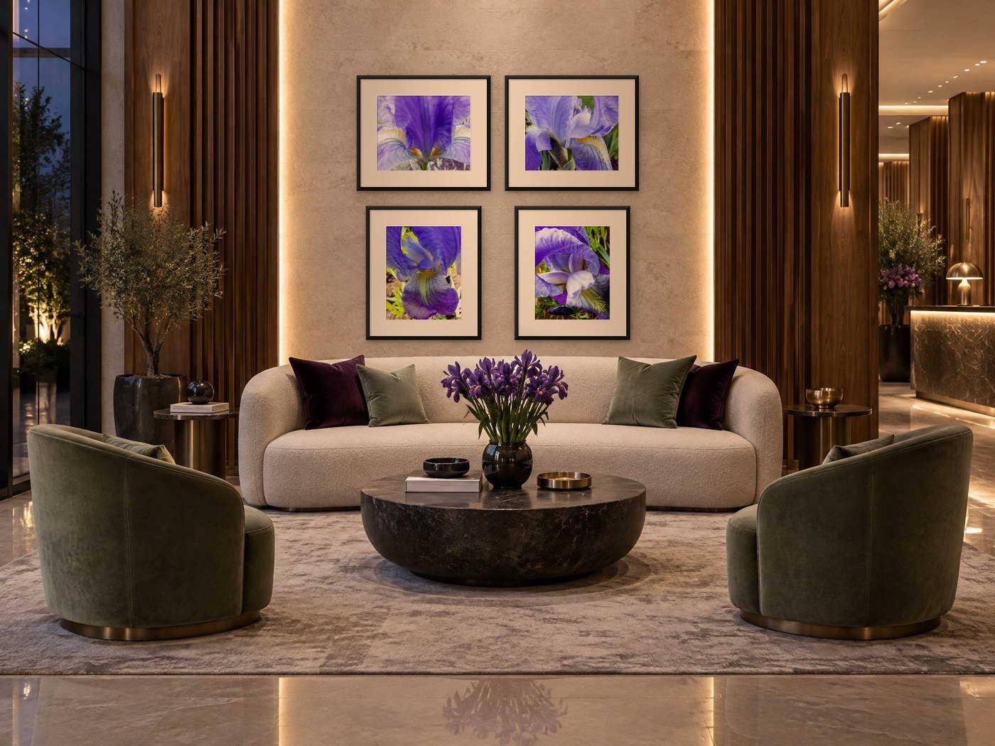Purple Iris set of four prints in a boutique hotel lounge — nature photography by Martha Solo