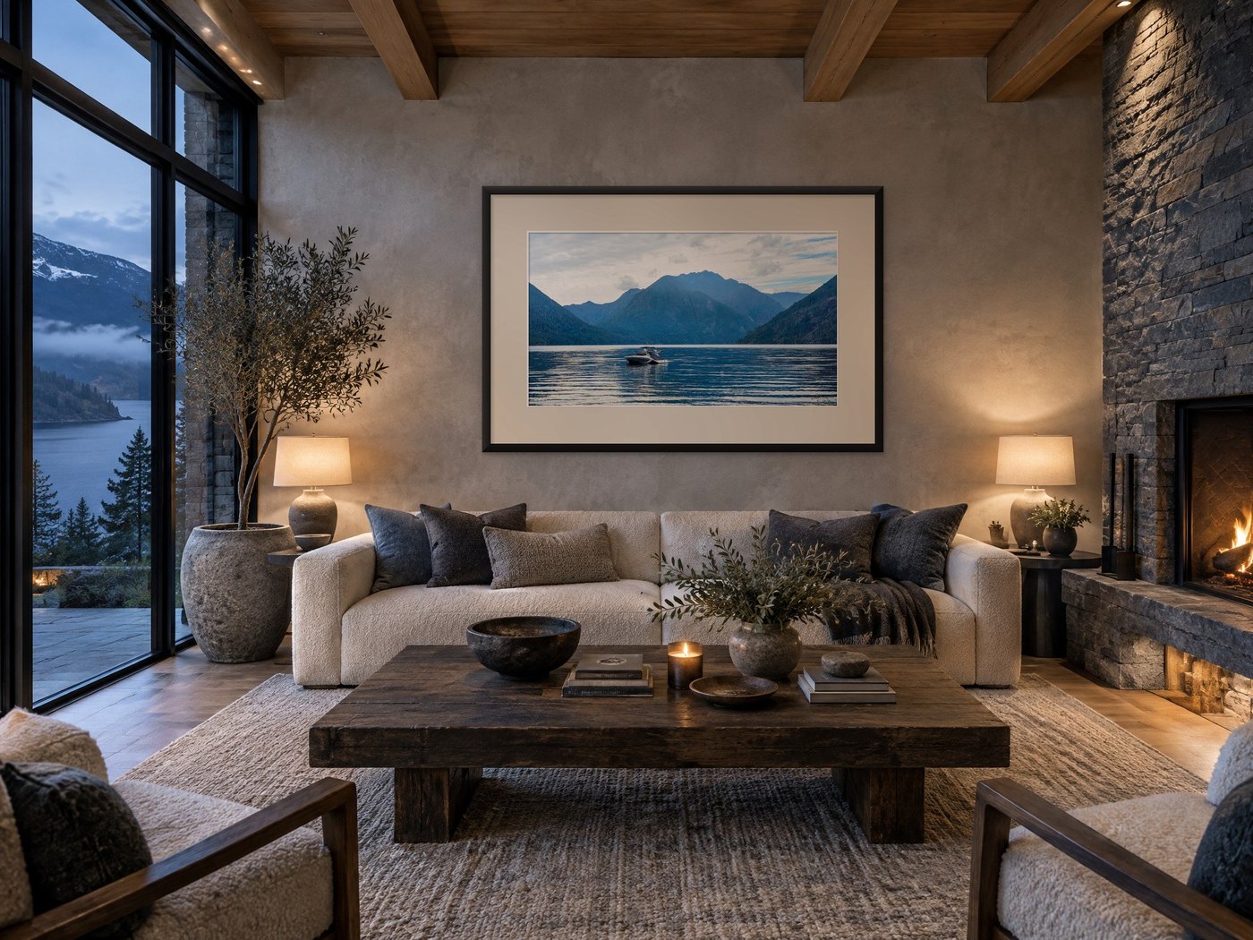 Cushman Lake mountain canvas above a sofa in a calm living room