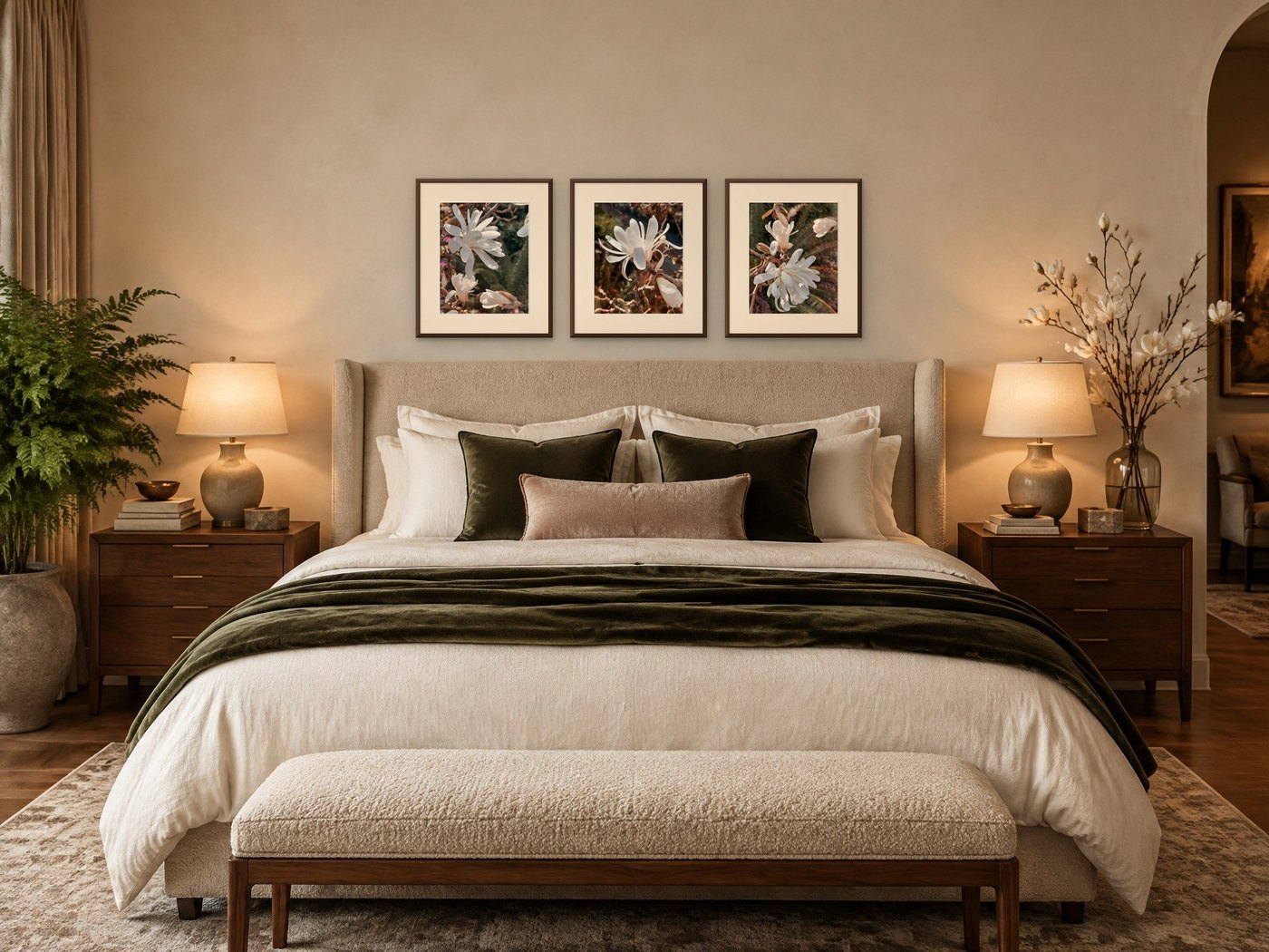 White Star Magnolia set of three framed prints above a bed