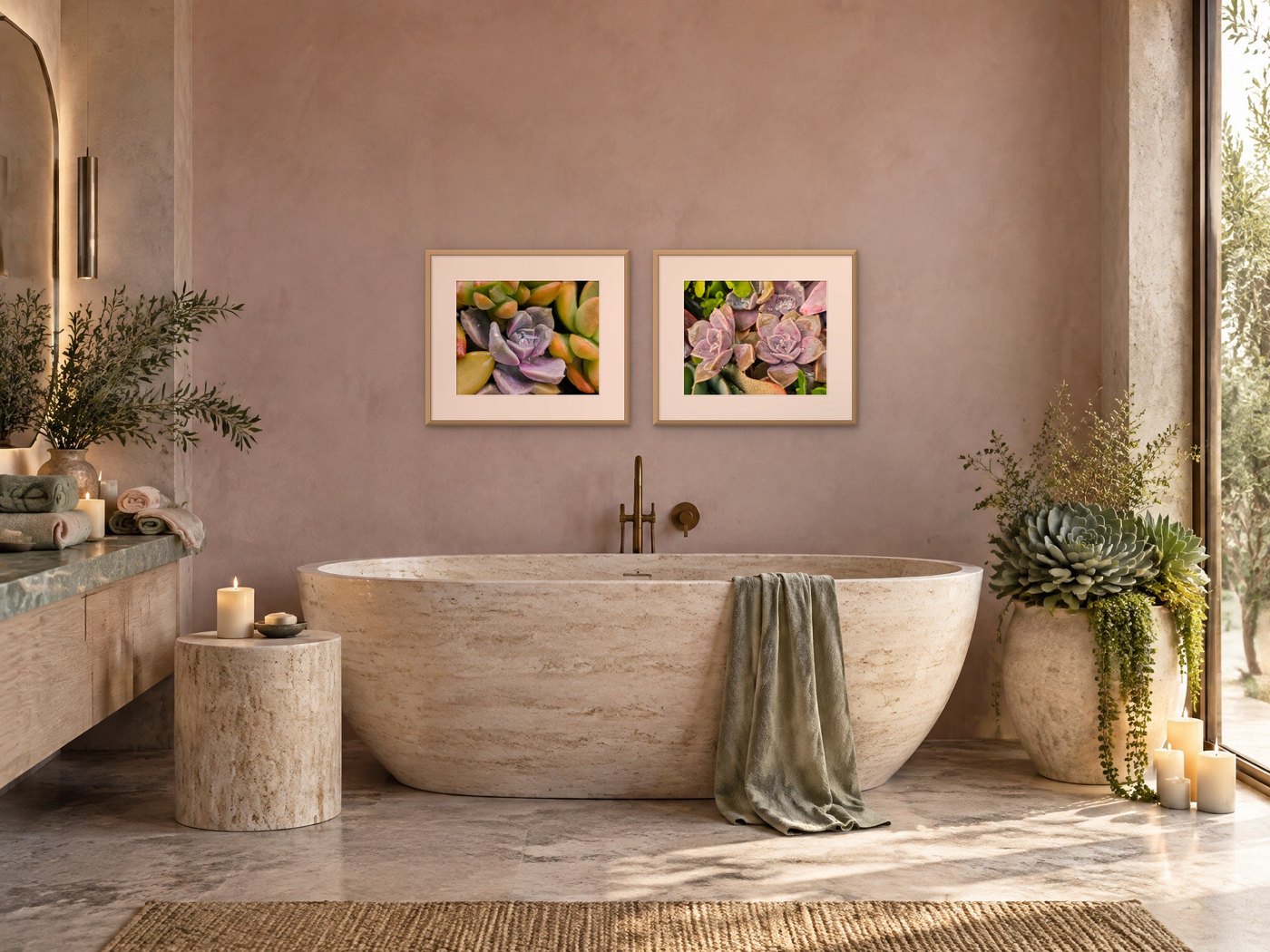 Echeveria succulent prints in a spa-style bathroom